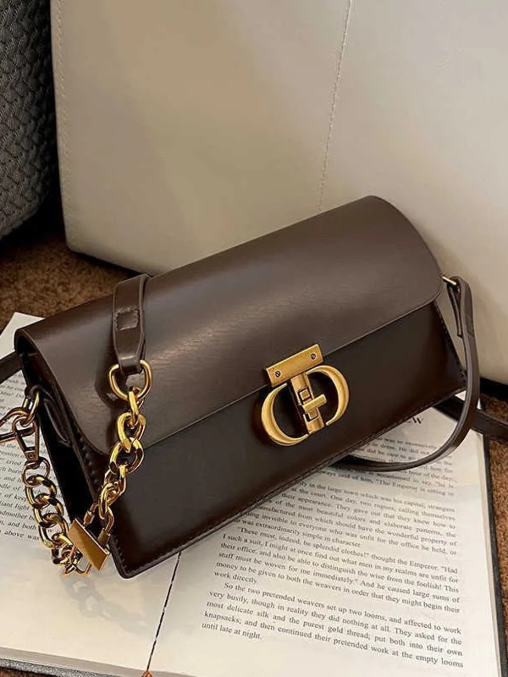 Brown Leather Chain Shoulder Bag with Gold Hardware